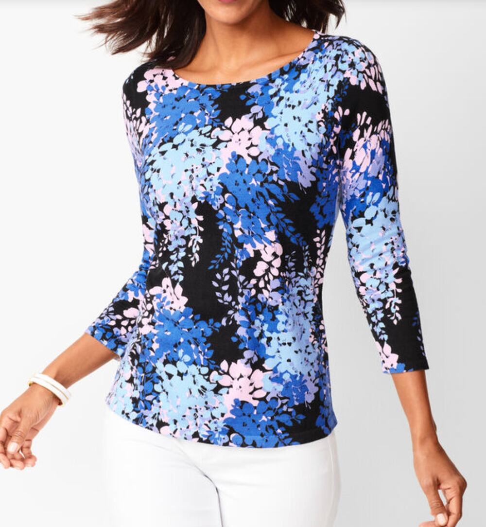Talbots Floral Bateau Neck Sweater Blue Pink 3/4 Sleeve Knit Top Petite Small